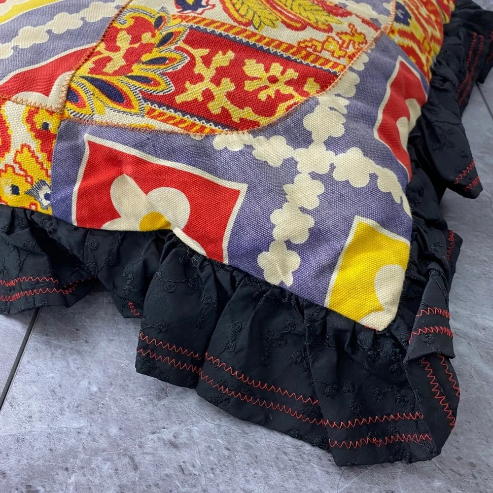 Vintage‎ 70s Handmade Patchwork Boho Throw Pillow Floral Ruffle Square 19.5